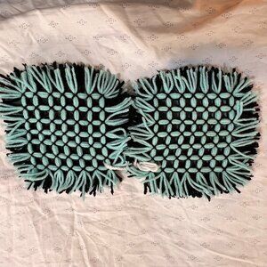Handcrafted Woven Yarn Pot Holders Black & Aqua Square Set Of 2 7"x7" Kitchen De